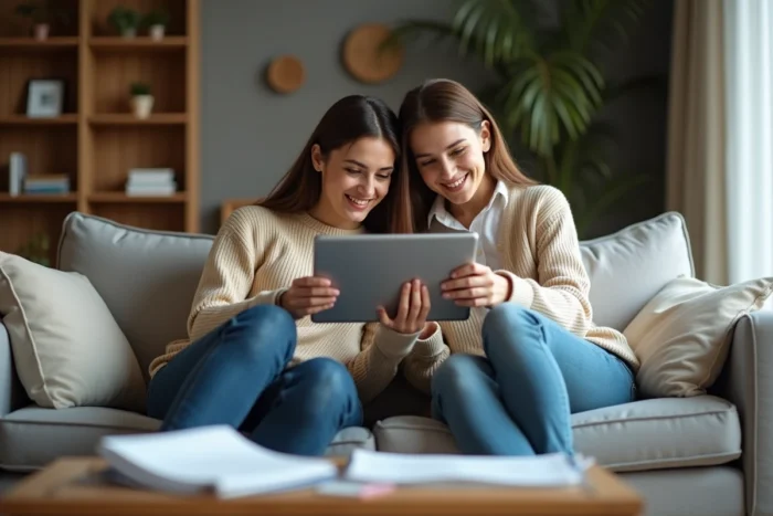 Couple consultant ensemble l'application Al'in sur tablette pour trouver un logement salarié depuis leur appartement