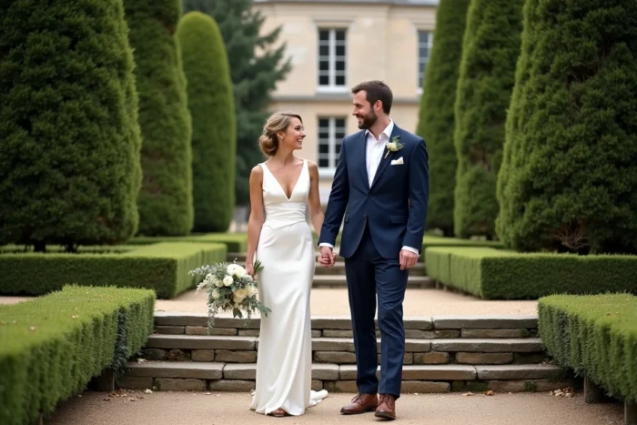 Couple élégant en tenue de mariage devant un château français historique entouré de jardins à la française