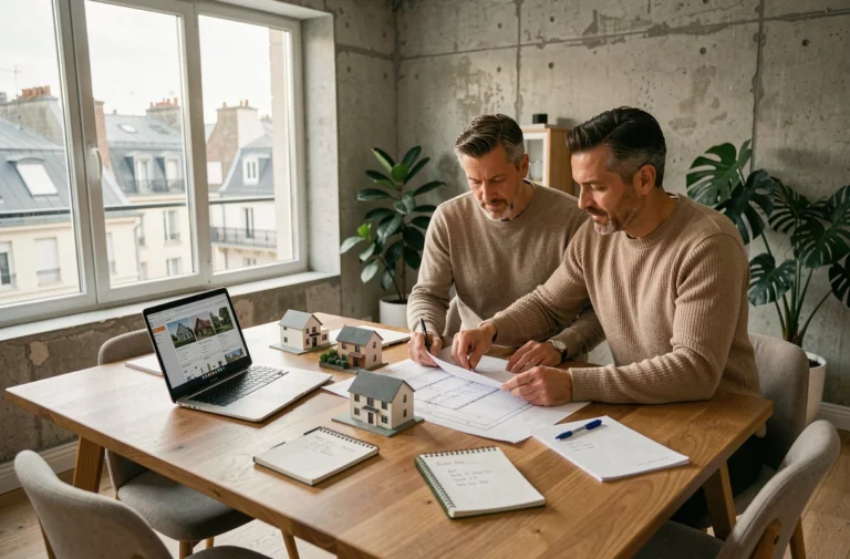 Couple étudiant des plans et documents immobiliers sur une table dans un appartement parisien moderne