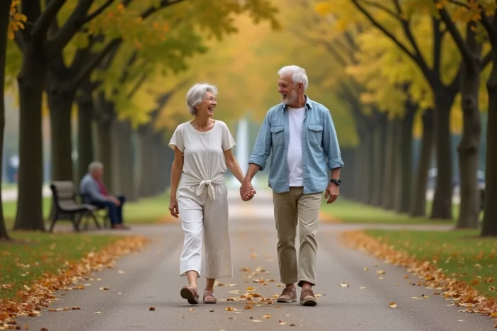 Un couple à la retraite se promène sereinement dans un parc en automne, symbolisant la liberté et l'épanouissement après une retraite à 60 ans