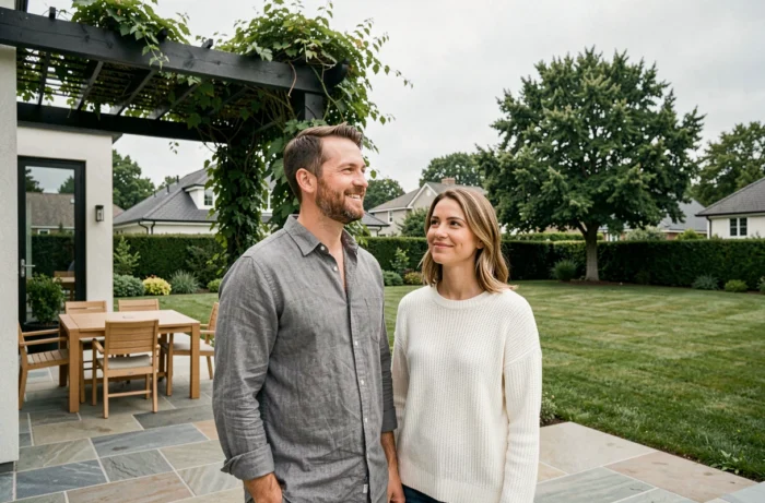 Couple devant la terrasse d'une maison contemporaine avec jardin aménagé dans un quartier résidentiel