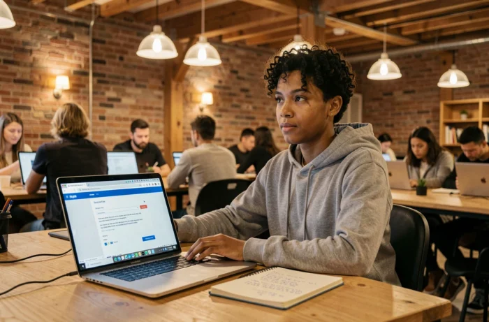 Jeune personne en espace de coworking composant un email sur ordinateur portable entouré de collègues en arrière-plan