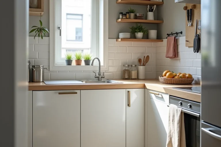Cuisine Ikea compacte aménagée dans un petit appartement urbain avec rangements optimisés
