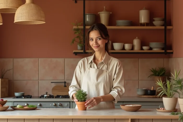 Femme arrangeant des herbes fraîches dans une cuisine méditerranéenne aux tons terracotta et rose poudré, tendance déco 2025