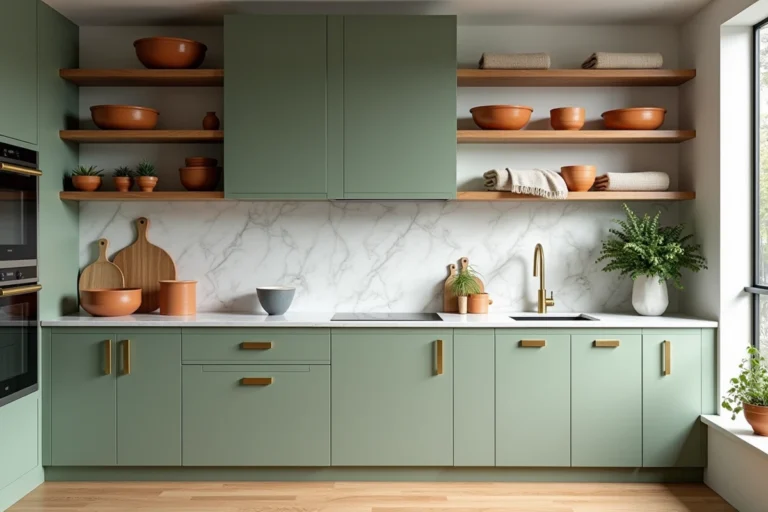 Cuisine moderne aux armoires vert sauge et poignées en laiton brossé, plan de travail en marbre blanc, style scandinave tendance 2025