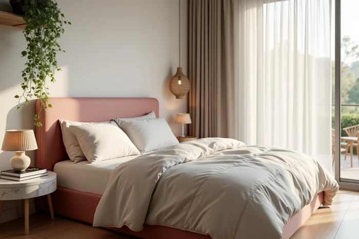 Chambre principale décorée avec élégance et confort, avec une tête de lit tapissée, un dessus-de-lit en lin, une table de nuit en marbre et des touches végétales pour un intérieur chaleureux
