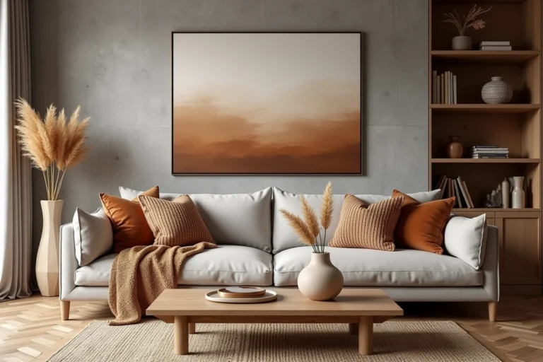 Salon moderne et cosy aménagé avec des textures chaleureuses, un canapé en lin, des coussins en velours et une décoration intérieure soignée de style scandinave-industriel