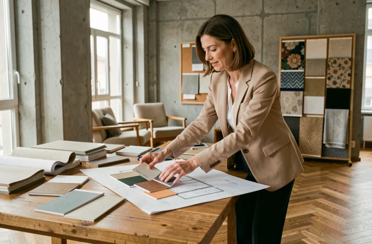Décoratrice d'intérieur professionnelle examinant des échantillons de matériaux et des plans sur une table en bois dans un appartement contemporain