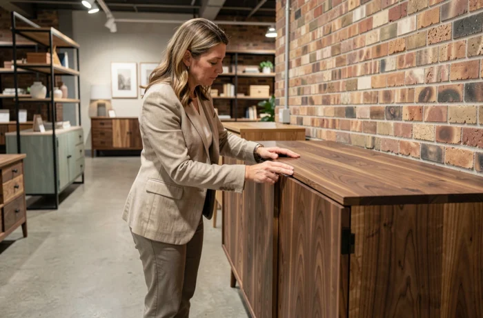 Décoratrice d'intérieur inspectant un buffet en noyer artisanal dans un showroom de meubles haut de gamme, évaluant la qualité et l'élégance du mobilier
