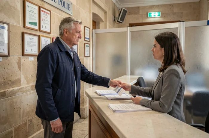 Homme déposant une demande de liste des habitants d'une rue au guichet d'une mairie française