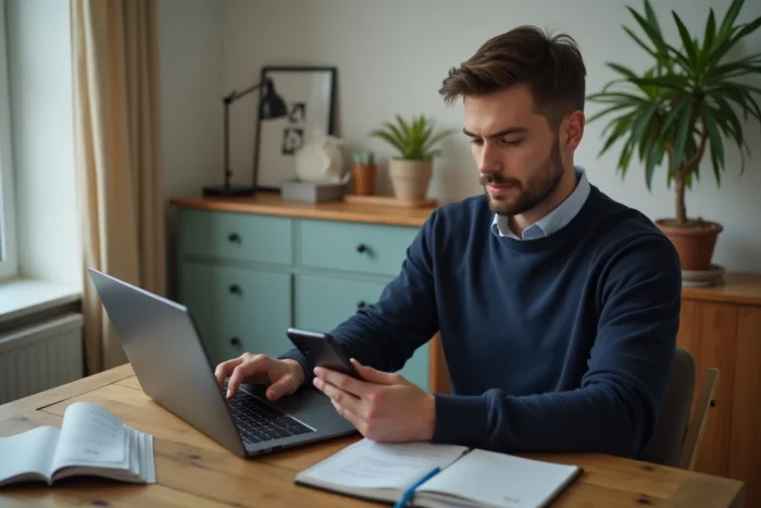 Homme effectuant une demande de remboursement Zara en ligne depuis son bureau à domicile