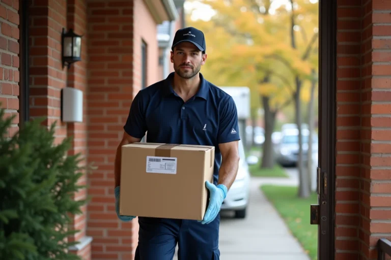 Déménageur professionnel portant un carton étiqueté hors d'une maison lors d'un déménagement organisé