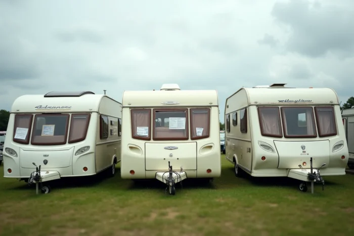 Rangée de caravanes d'occasion en déstockage exposées lors d'une vente entre particuliers en plein air