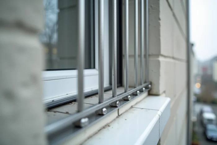 Détail d'un grillage de sécurité en acier inoxydable fixé sur le cadre d'une fenêtre de copropriété