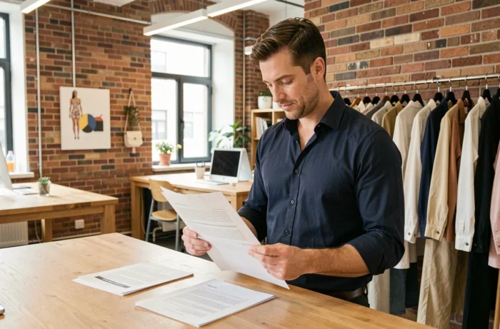 Entrepreneur dans un espace de coworking mode examinant les documents légaux obligatoires pour un site e-commerce de vêtements