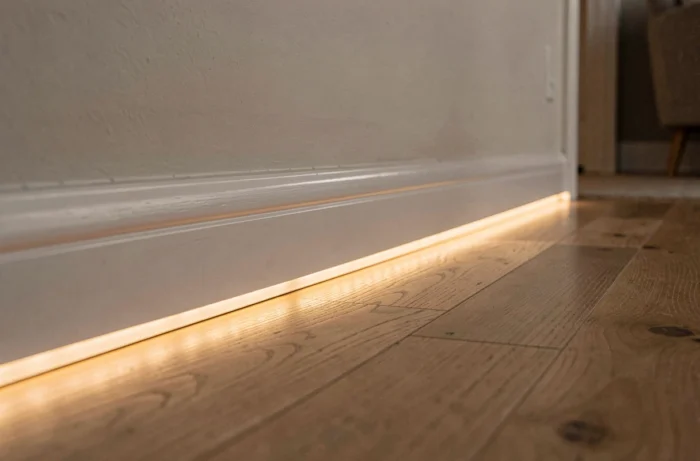 Éclairage LED encastré dans les plinthes au ras du sol d'un salon contemporain