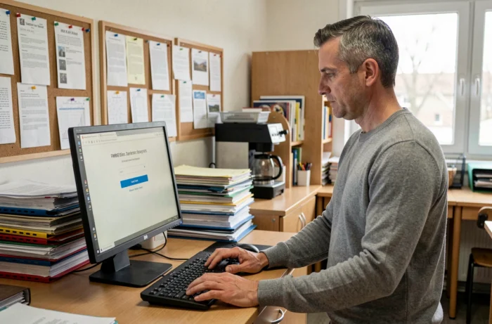 Enseignant en salle des professeurs face à un écran d'erreur de connexion à la messagerie académique de Nantes