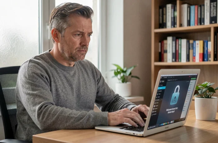 Chef d'entreprise utilisant un logiciel de cybersécurité sur son ordinateur portable dans un bureau privé