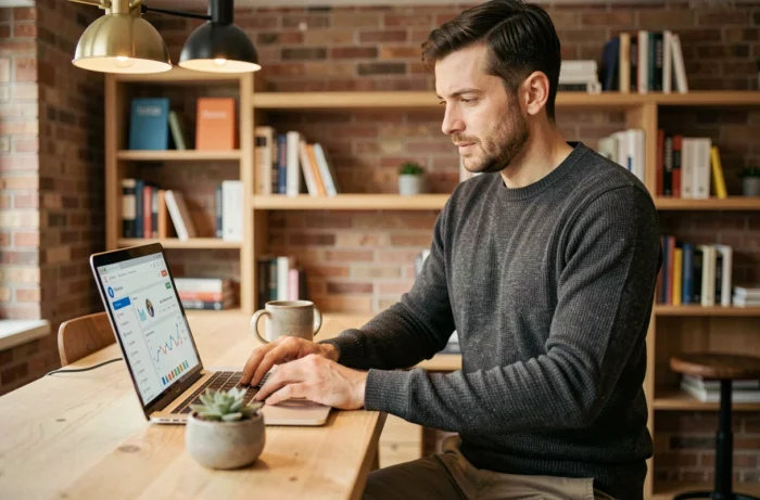 Entrepreneur utilisant des services numériques dédiés aux entreprises dans un espace de coworking moderne