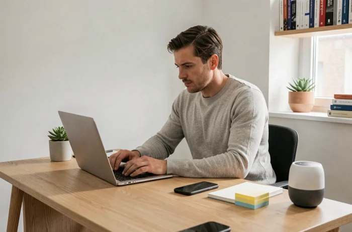 Entrepreneur concentré travaillant sur un laptop avec des outils technologiques connectés dans un bureau minimaliste et moderne