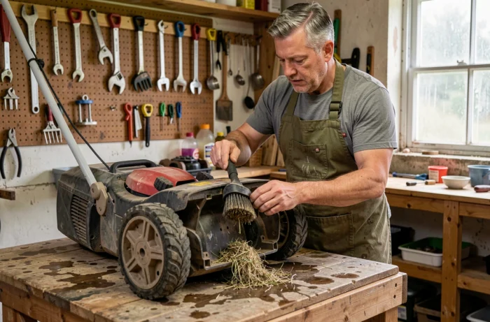 Homme entretenant le dessous d'une tondeuse électrique retournée sur un établi en bois dans un atelier de jardin