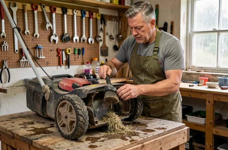 Homme entretenant le dessous d'une tondeuse électrique retournée sur un établi en bois dans un atelier de jardin