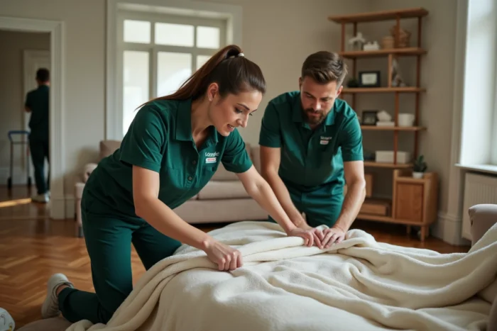 Équipe de déménageurs professionnels emballant des meubles avec soin dans un salon avant un déménagement