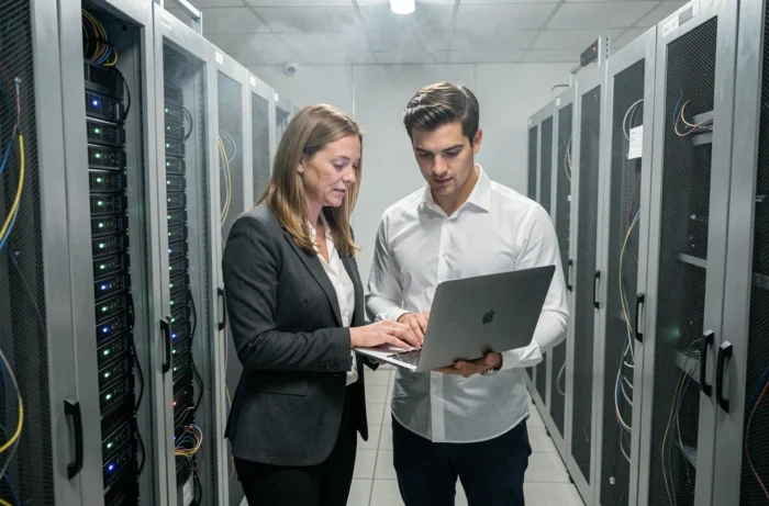 Consultante et collègue informatique collaborant dans une salle de serveurs pour sécuriser l'infrastructure réseau