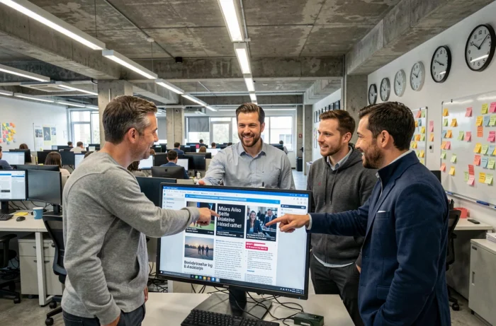 Équipe de journalistes analysant les dernières actualités dans une rédaction moderne et connectée