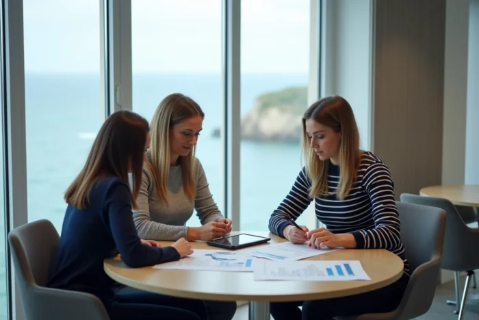 Équipe de professionnels analysant des résultats de webmarketing dans un bureau avec vue sur la côte bretonne