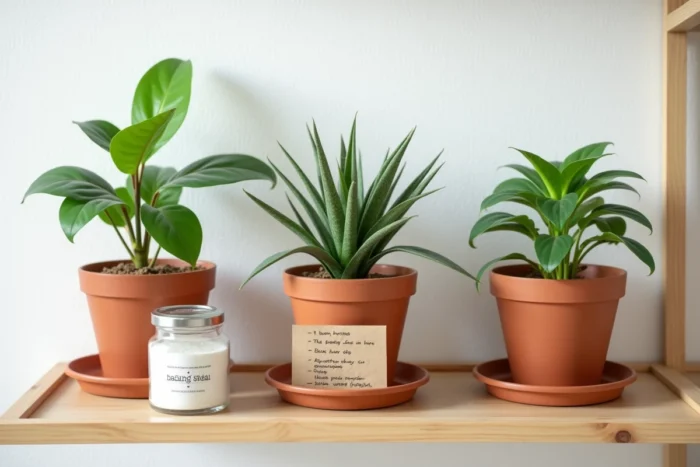 Étagère de plantes d'intérieur en pots avec du bicarbonate de soude et des notes de soin naturel