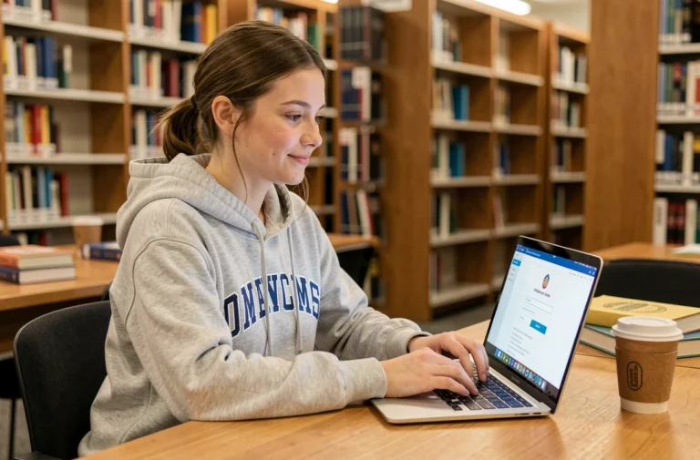 Étudiante connectée à son espace MyCampus Eduservices sur un ordinateur portable dans une bibliothèque universitaire moderne