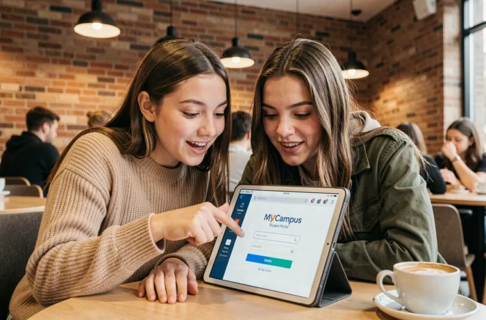 Deux étudiantes s'entraidant pour se connecter à MyCampus Eduservices sur une tablette dans un café universitaire