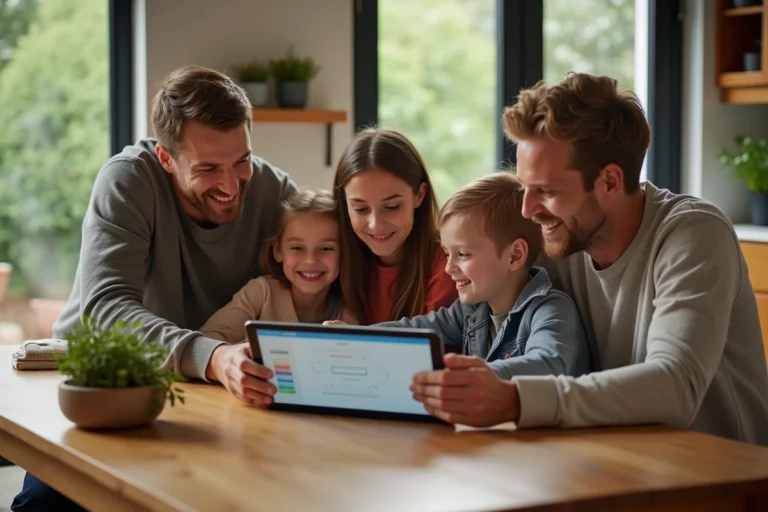 Famille réunie autour d'une table avec une tablette affichant une application de gestion familiale