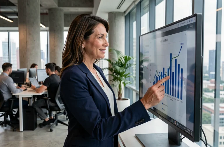 Femme d'affaires analysant des graphiques de croissance dans un bureau moderne pour booster son activité d'entreprise