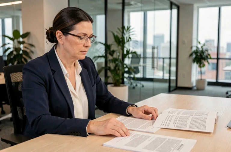 Femme d'affaires examinant des mentions légales et documents juridiques dans un bureau moderne