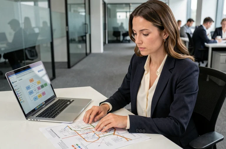 Femme professionnelle analysant un plan de site financier imprimé dans un bureau moderne