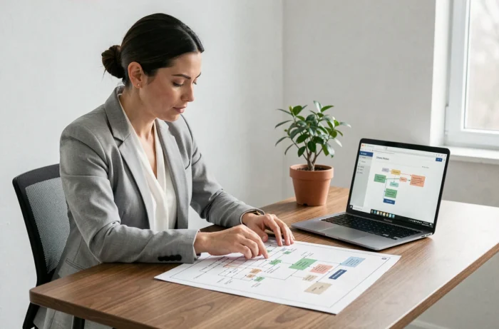 Une femme professionnelle analyse un plan de sitemap imprimé posé sur un bureau en bois à côté d'un ordinateur portable affichant la structure d'un site web