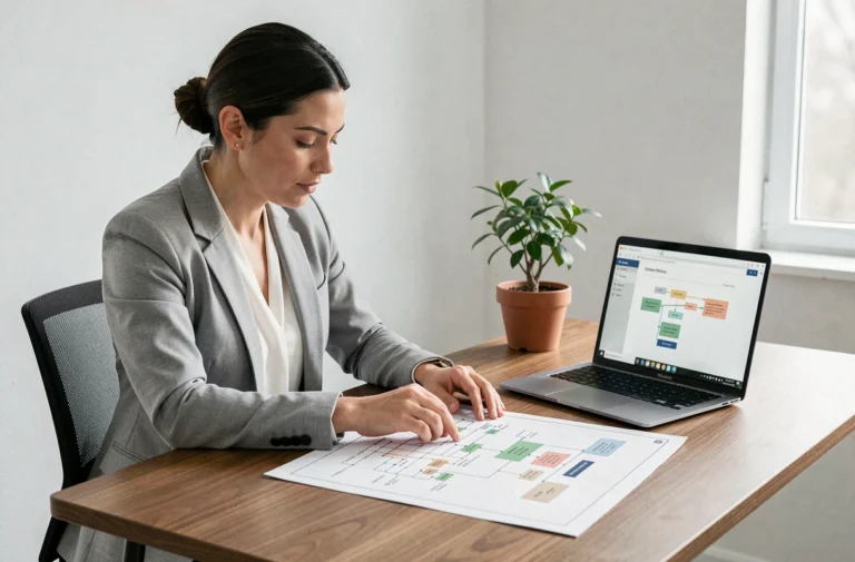 Une femme professionnelle analyse un plan de sitemap imprimé posé sur un bureau en bois à côté d'un ordinateur portable affichant la structure d'un site web