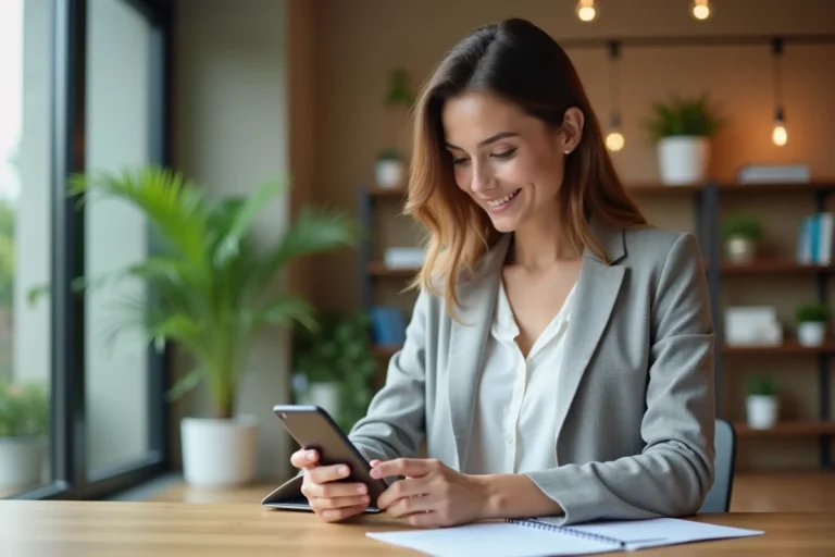 Femme utilisant l'application Al'in sur smartphone pour rechercher un logement salarié depuis son bureau