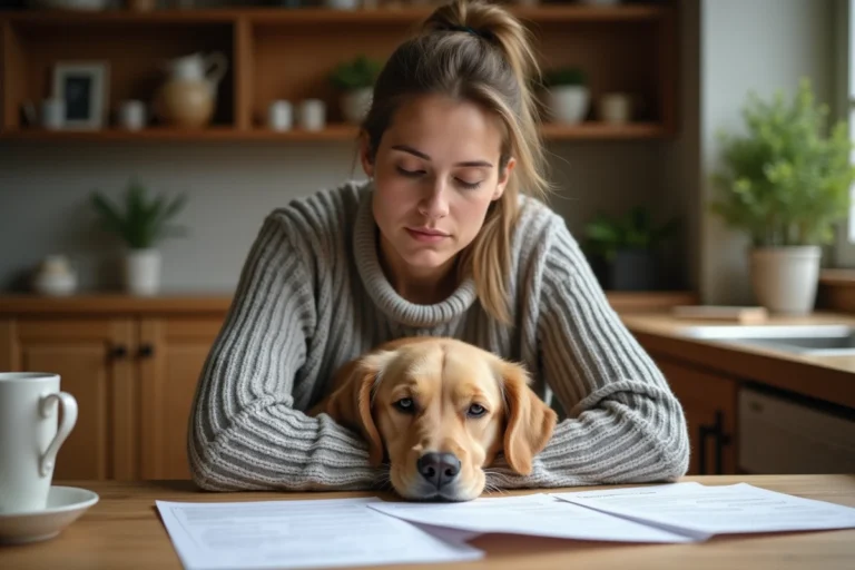 Femme consultant des documents d'assurance animaux avec son golden retriever dans une cuisine chaleureuse