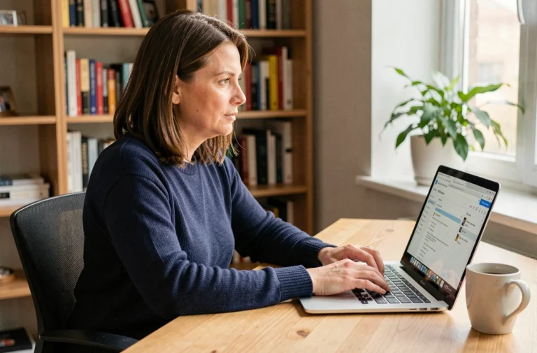 Femme assise à un bureau en bois tapant un email sur son ordinateur portable dans un bureau à domicile moderne
