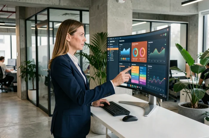 Femme cadre utilisant des outils technologiques avancés sur un écran ultrawide avec tableaux de bord analytiques dans un bureau moderne