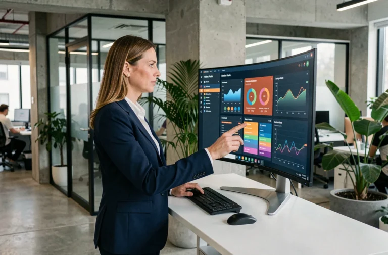 Femme cadre utilisant des outils technologiques avancés sur un écran ultrawide avec tableaux de bord analytiques dans un bureau moderne