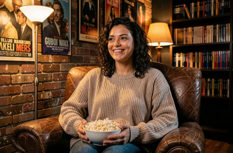 Femme souriante regardant un film dans une salle de cinéma maison décorée d'affiches vintage