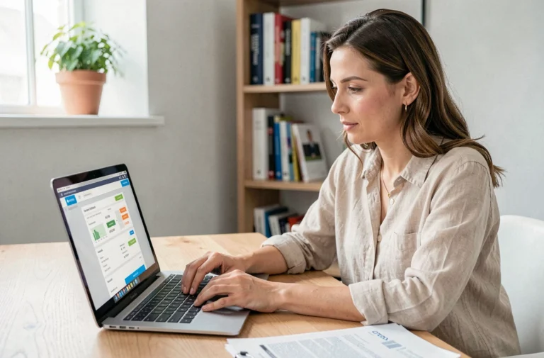 Femme comparant des banques en ligne sur son ordinateur portable dans un bureau à domicile moderne