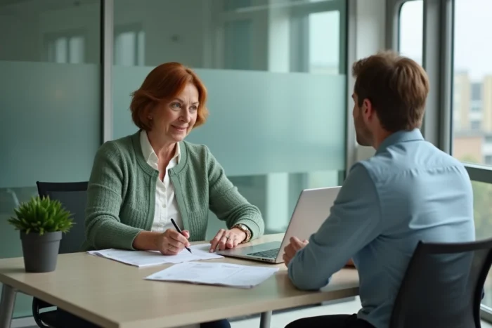 Une femme de 60 ans en rendez-vous avec un conseiller financier pour planifier sa retraite anticipée avec trimestres validés