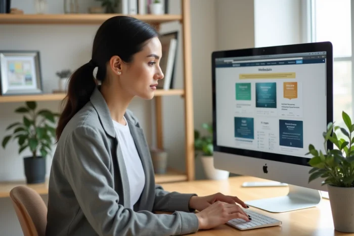 Femme créant un site web professionnel avec des templates modernes sur un ordinateur iMac dans un bureau à domicile élégant