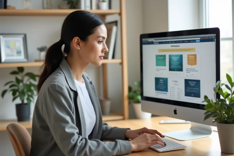 Femme créant un site web professionnel avec des templates modernes sur un ordinateur iMac dans un bureau à domicile élégant