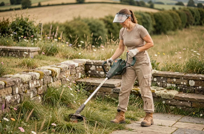 Femme utilisant une débroussailleuse électrique sans fil pour entretenir une terrasse de jardin en pente